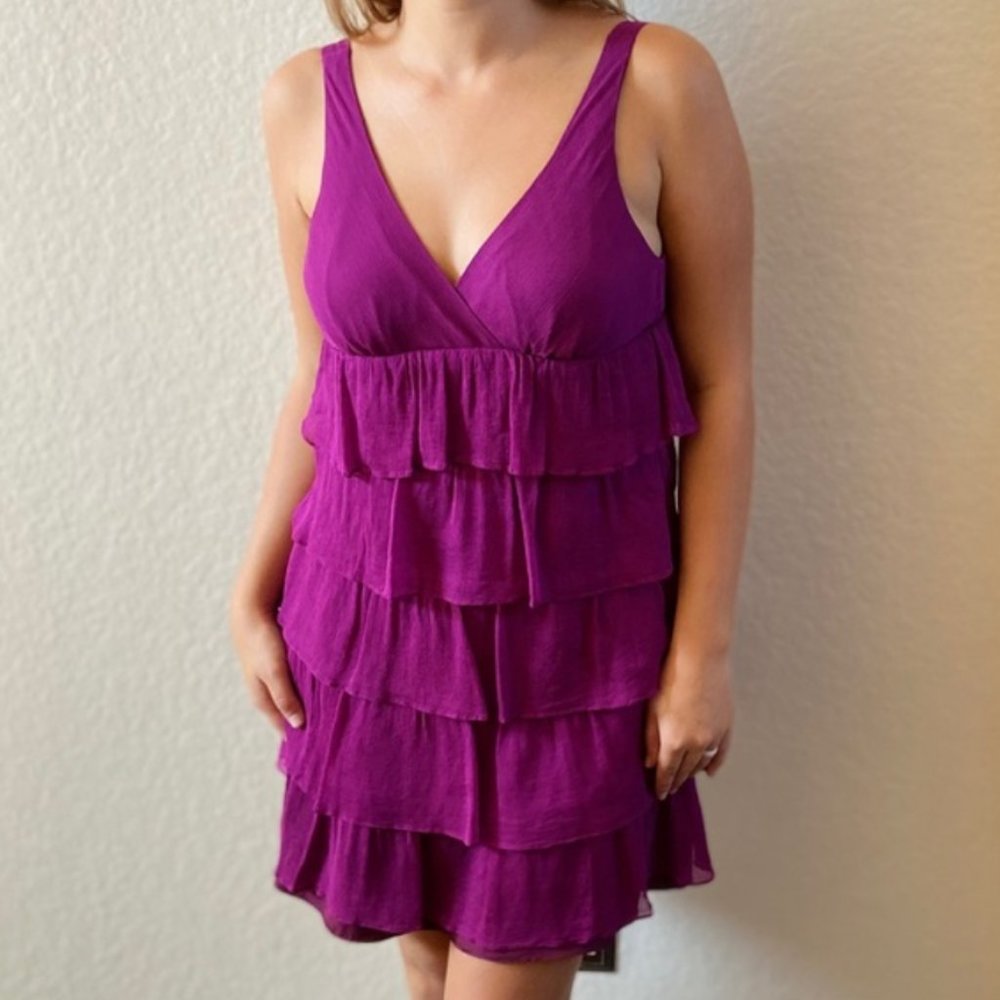 J. Crew Women's Zadie Silk Tiered Mini Dress Sleeveless V-Neck Purple Size 6P